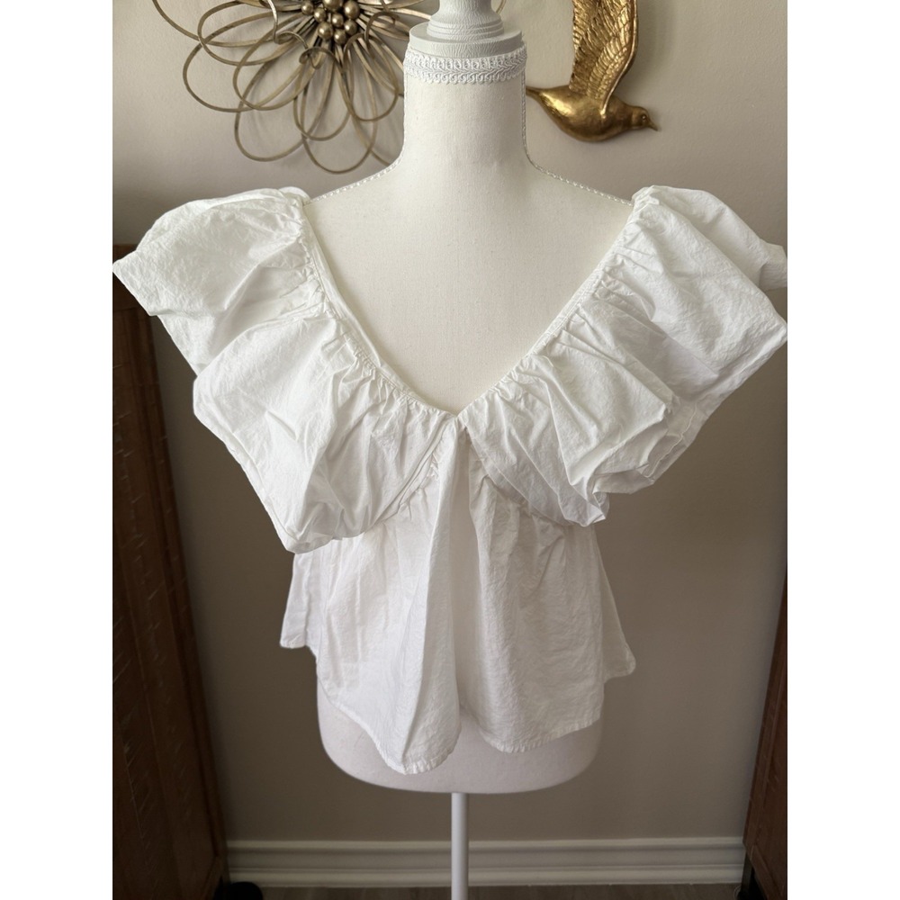 Day + Moon White Ruffle Puff Sleeve Open Back Peplum Blouse Top Size L
